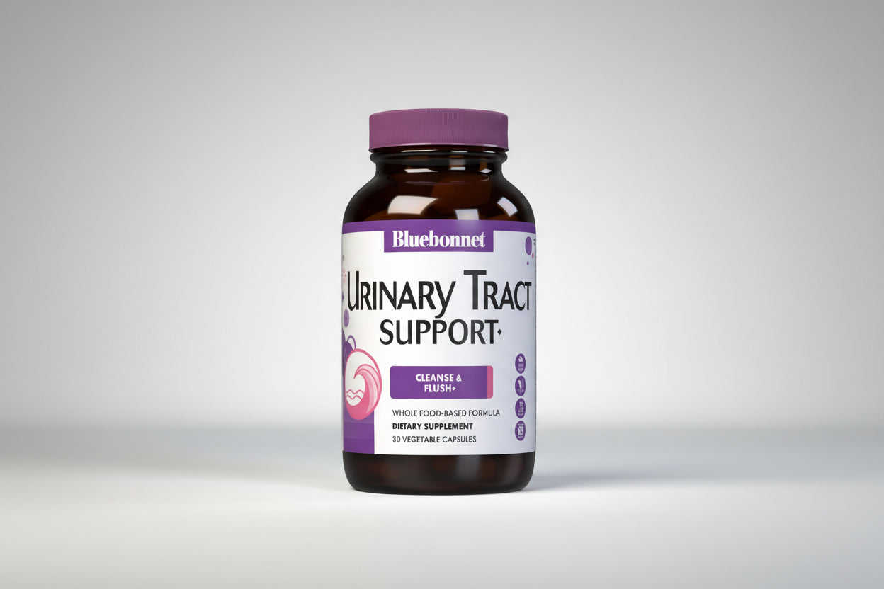 Supplement bottle labeled 'Urinary Tract Support' by Bluebonnet on a white background