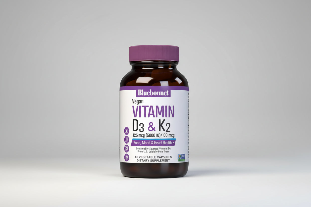 Bluebonnet Vitamin D3 & K2 supplement bottle on a white background