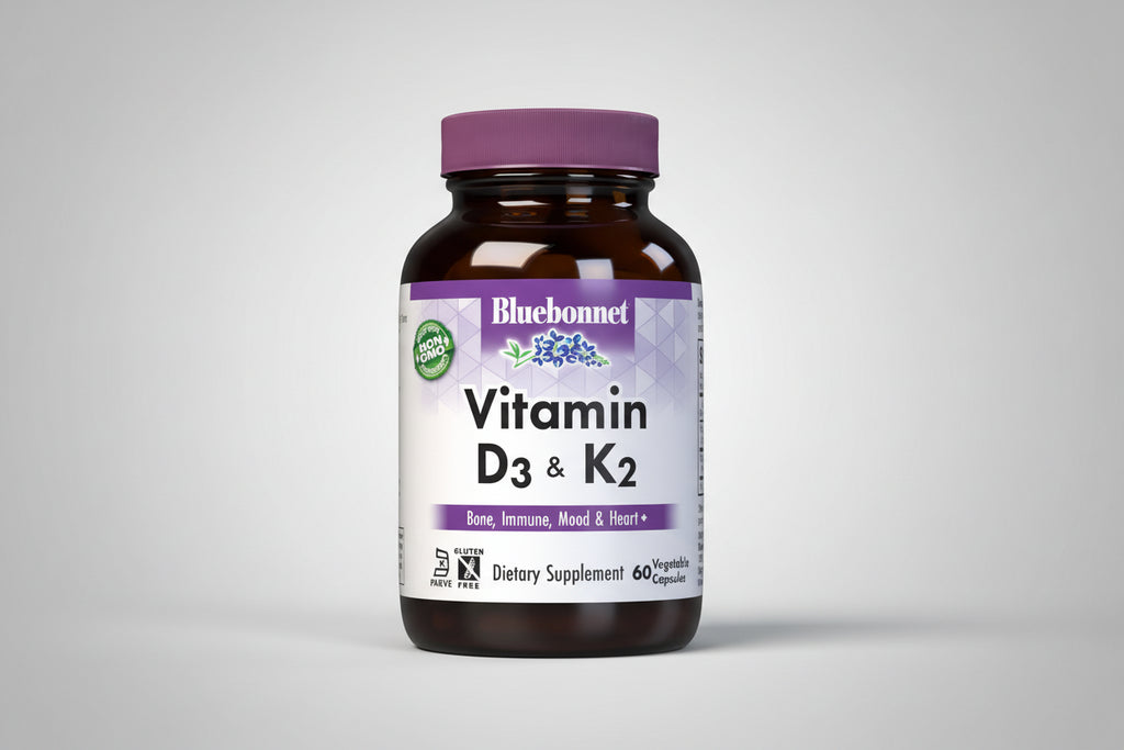 Bluebonnet Vitamin D3 & K2 supplement bottle on a white background