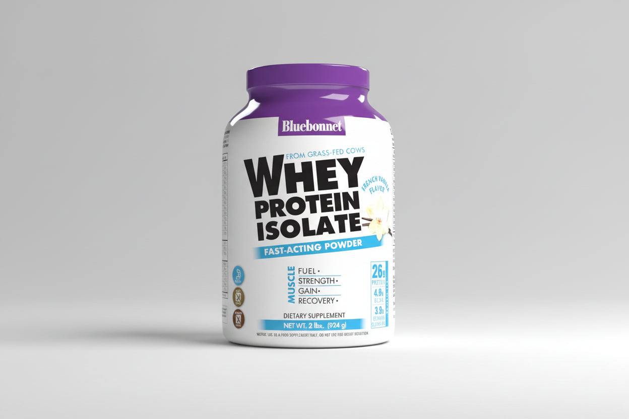 Bluebonnet Whey Protein Isolate powder container on a white background