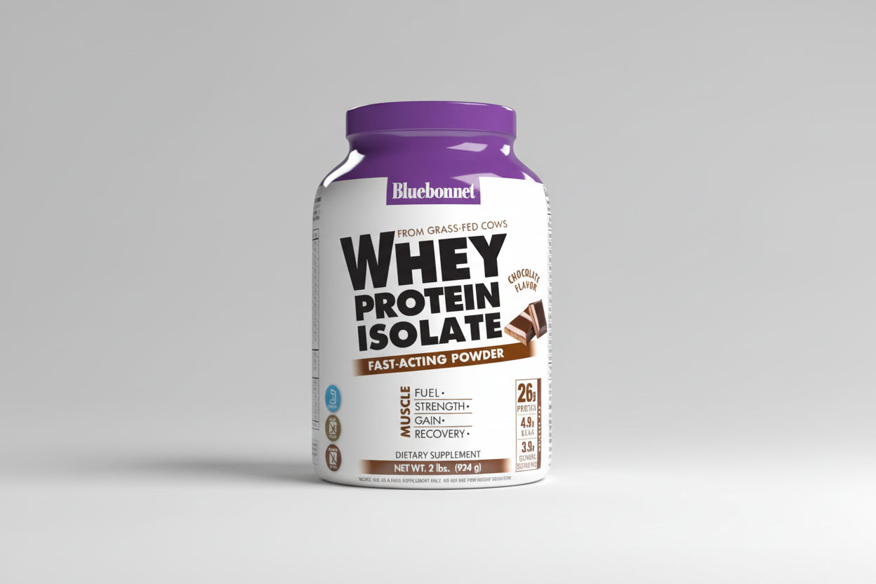 Bluebonnet Whey Protein Isolate container on a white background