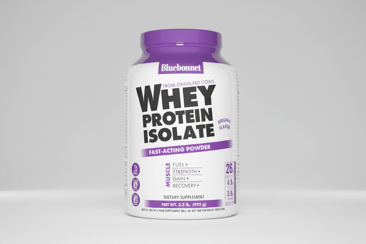 Bluebonnet whey protein isolate powder container on a white background