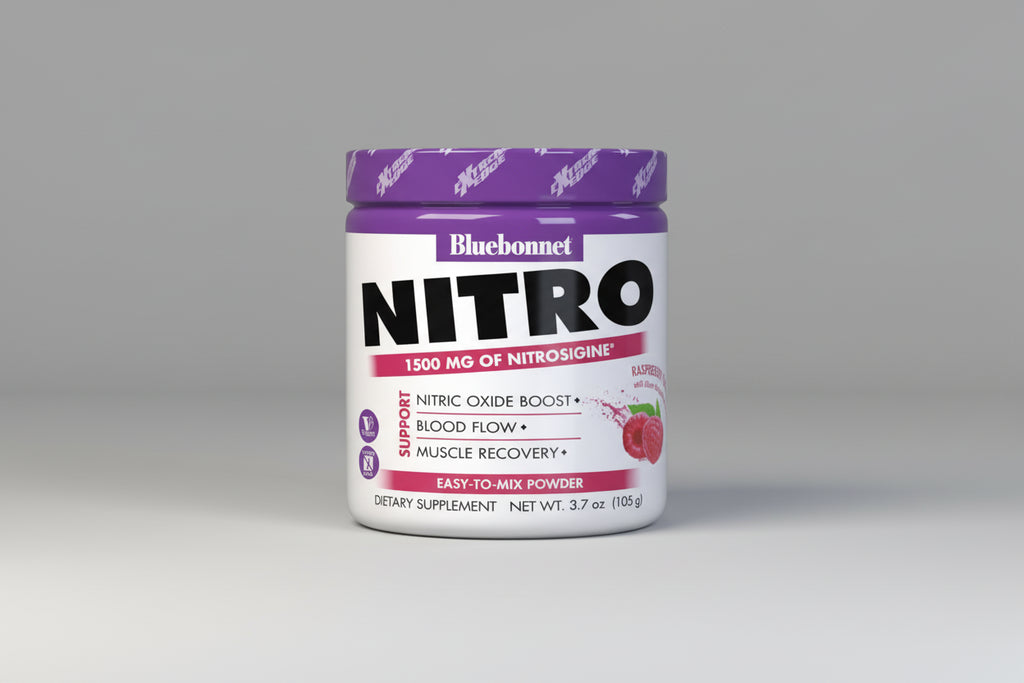 Bluebonnet Nitro supplement container on a white background