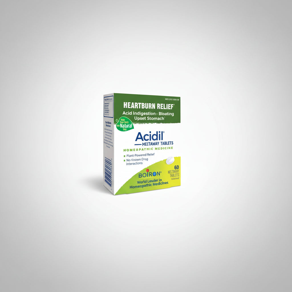 Box of Acidil Meltaway Tablets for heartburn relief on a white background