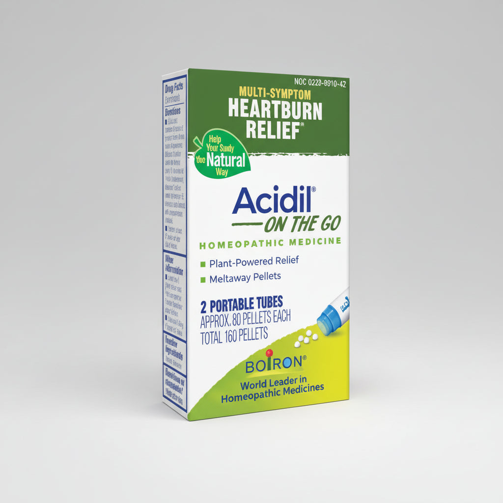 Box of Acidil On The Go homeopathic medicine for heartburn relief on a white background