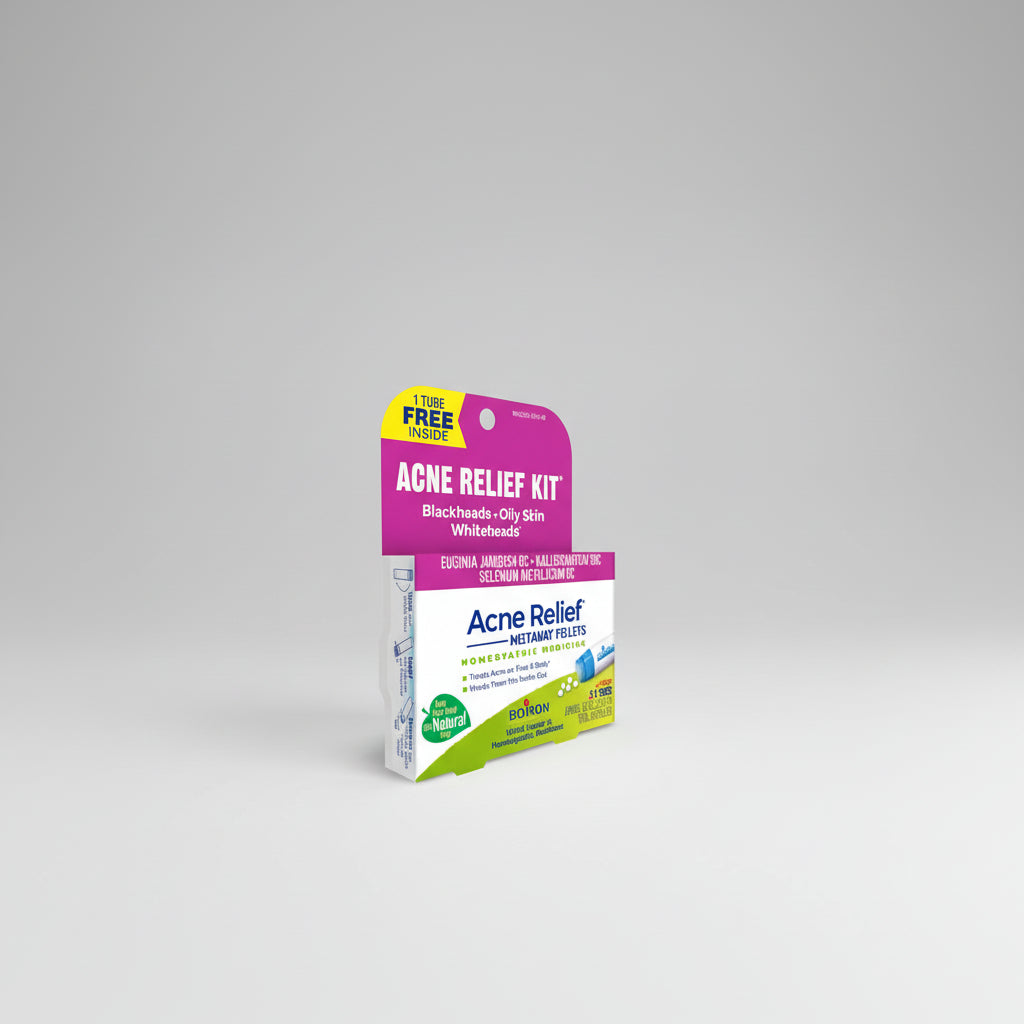 Acne Relief Kit packaging with purple and white design on a white background