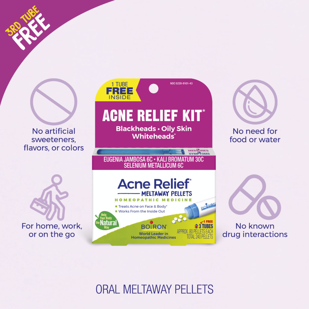 Acne Relief Kit packaging with features listed on a purple and white background