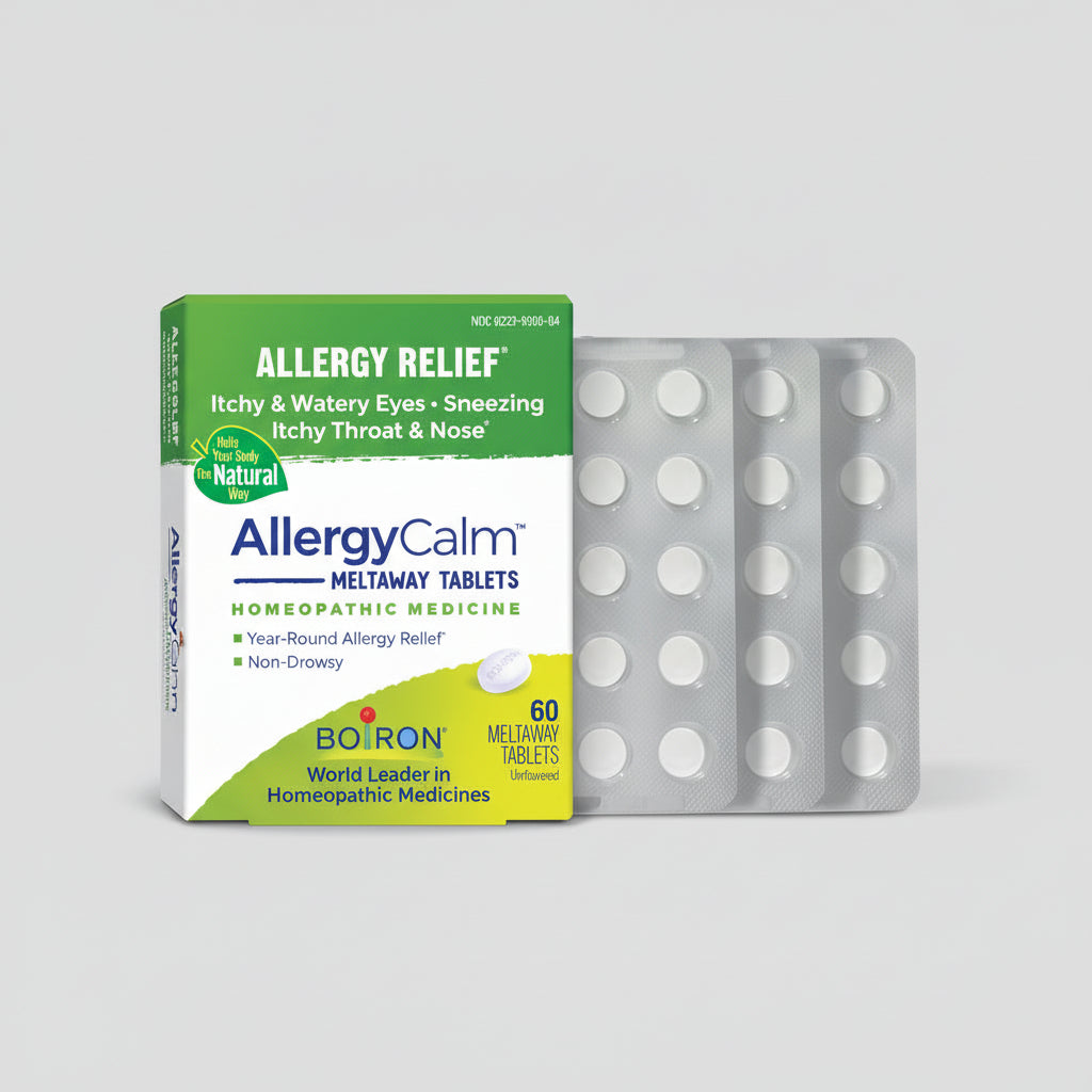 Allergy Calm meltaway tablets packaging with a blister pack on a white background