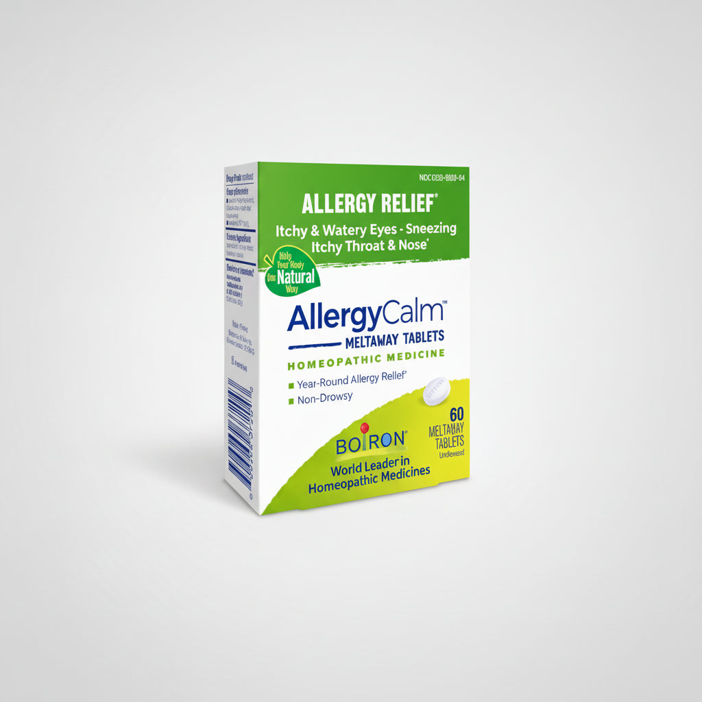 Box of AllergyCalm Meltaway Tablets for allergy relief on a white background
