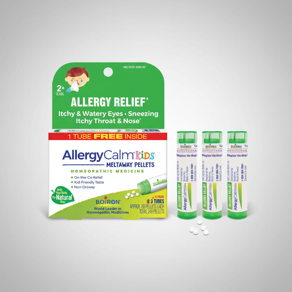 Boiron AllergyCalm Kids allergy relief product packaging with three tubes on a white background