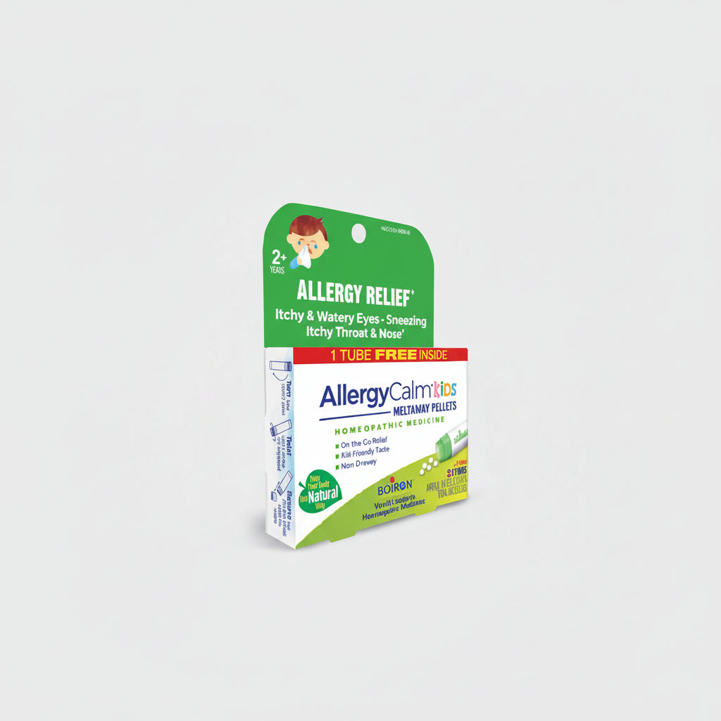 Boiron AllergyCalm Kids packaging with green and white design on a white background