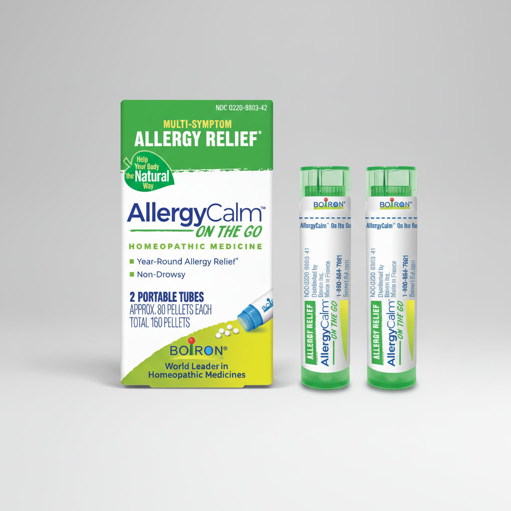 Boiron AllergyCalm On The Go allergy relief product packaging on a white background
