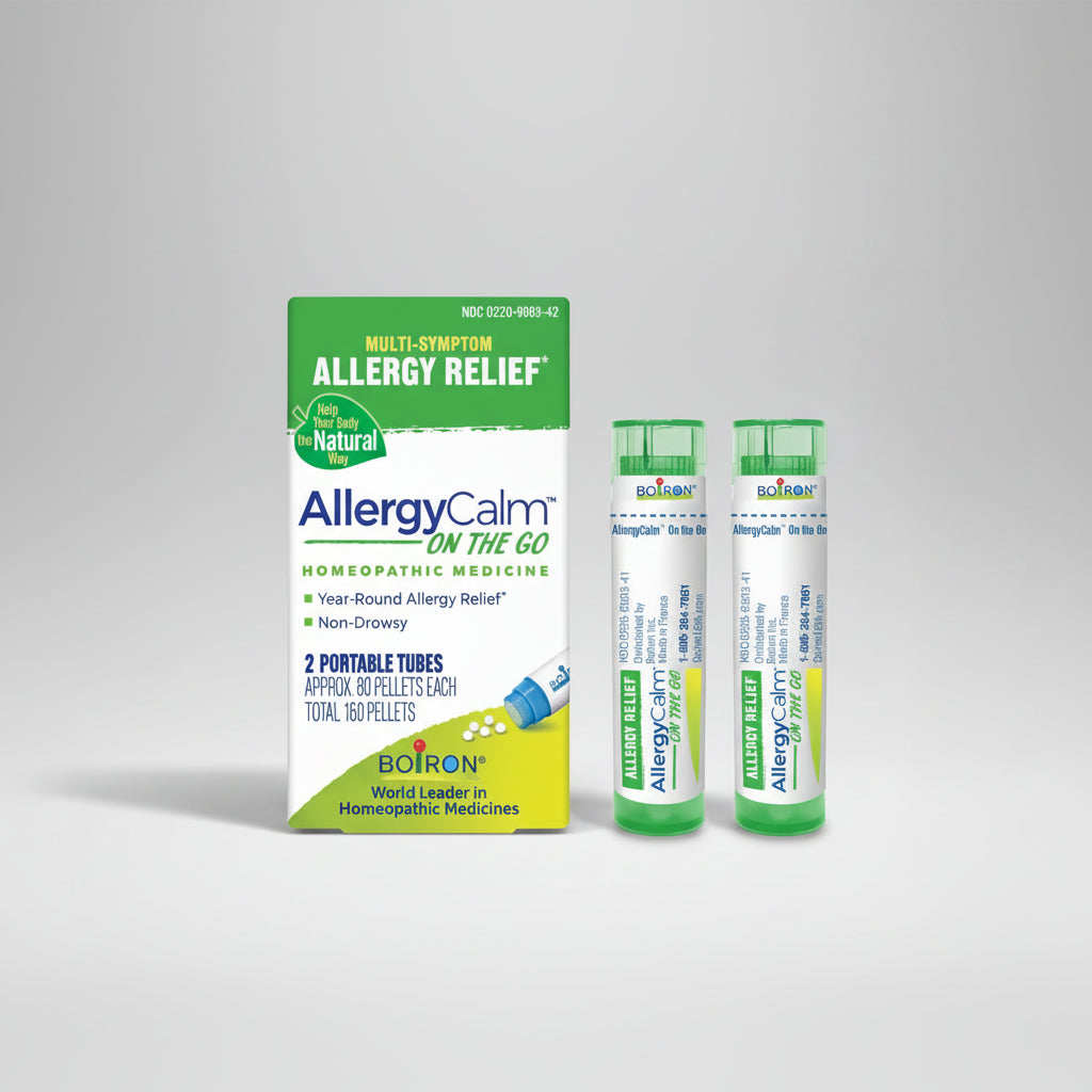 Boiron AllergyCalm On The Go allergy relief product packaging on a white background