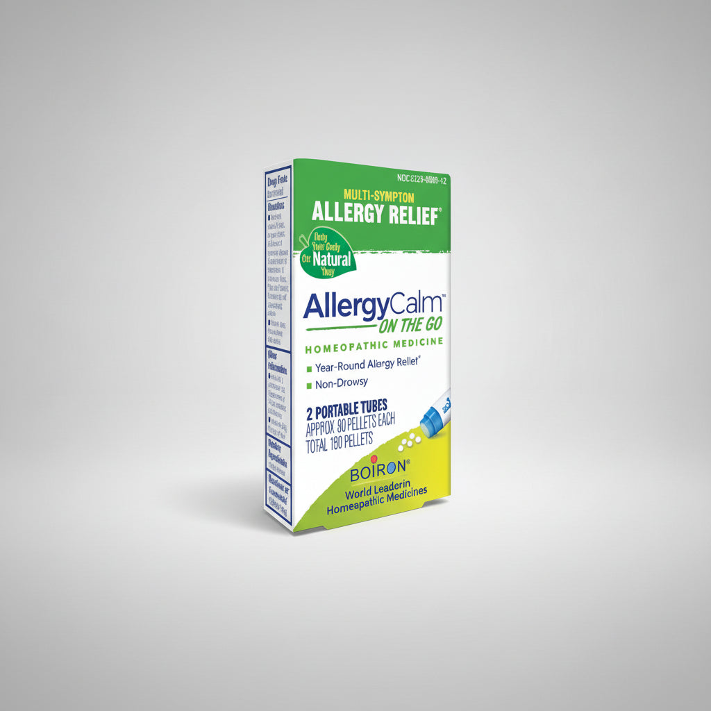 Box of AllergyCalm On The Go allergy relief medicine by Boiron on a white background