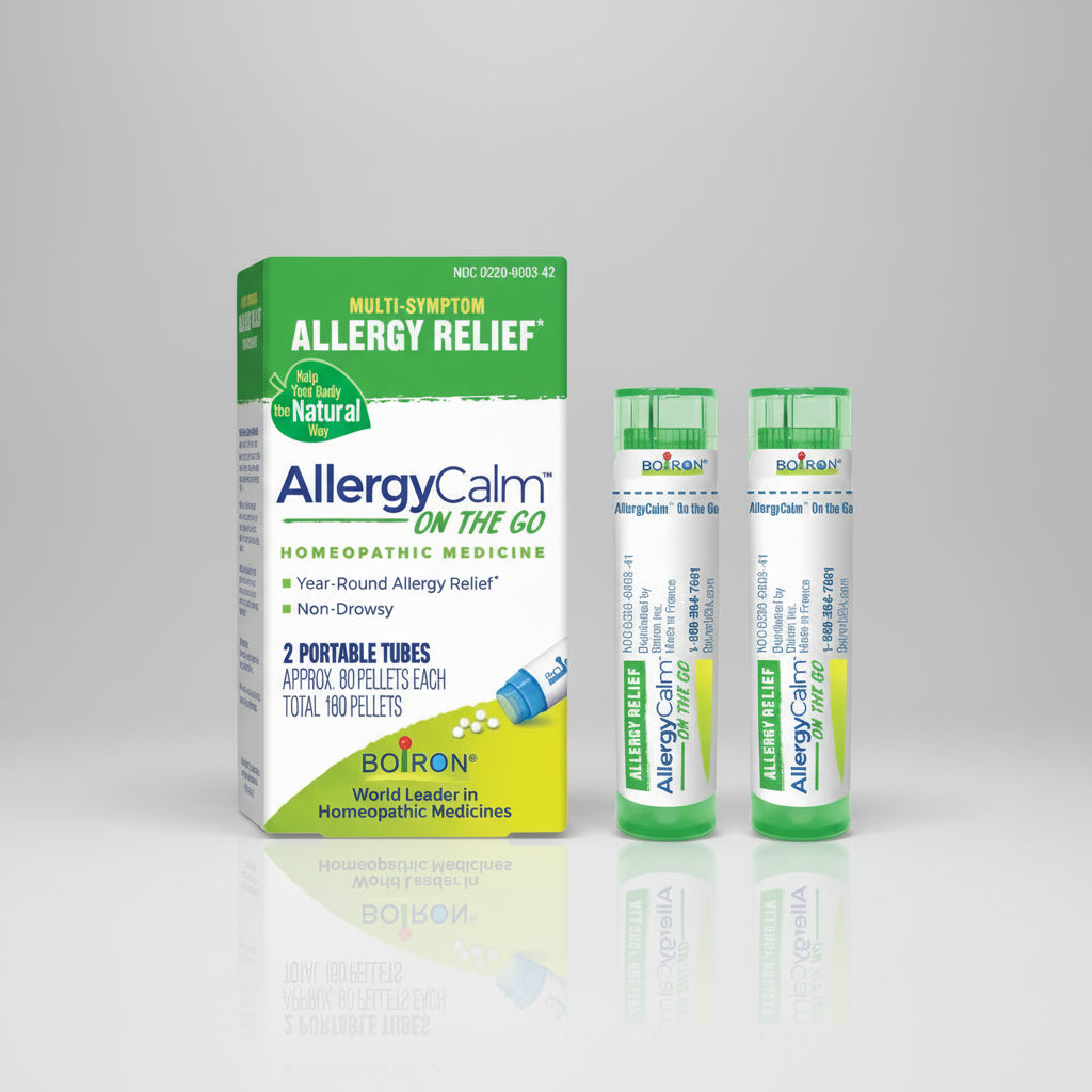 Boiron AllergyCalm On The Go allergy relief product packaging on a white background