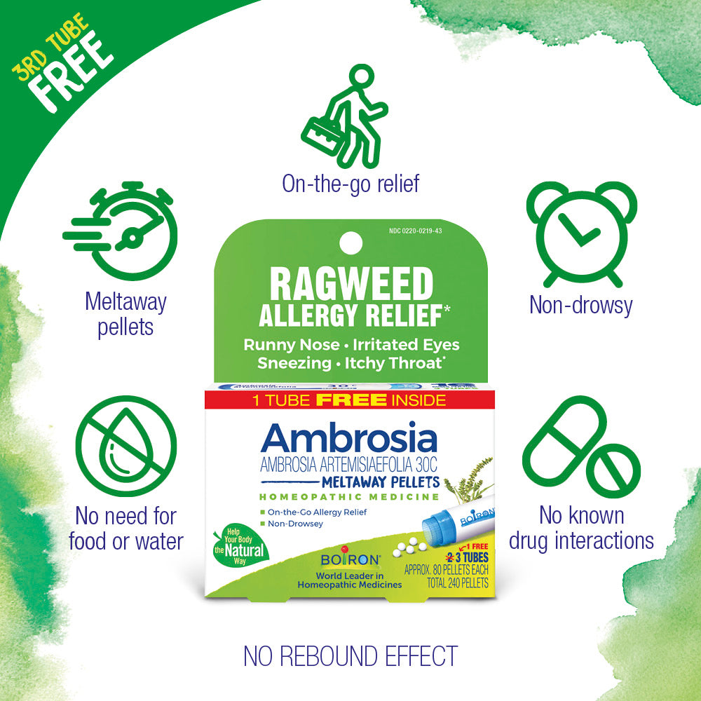 Ambrosia Ragweed Allergy Relief packaging with green and white design elements.