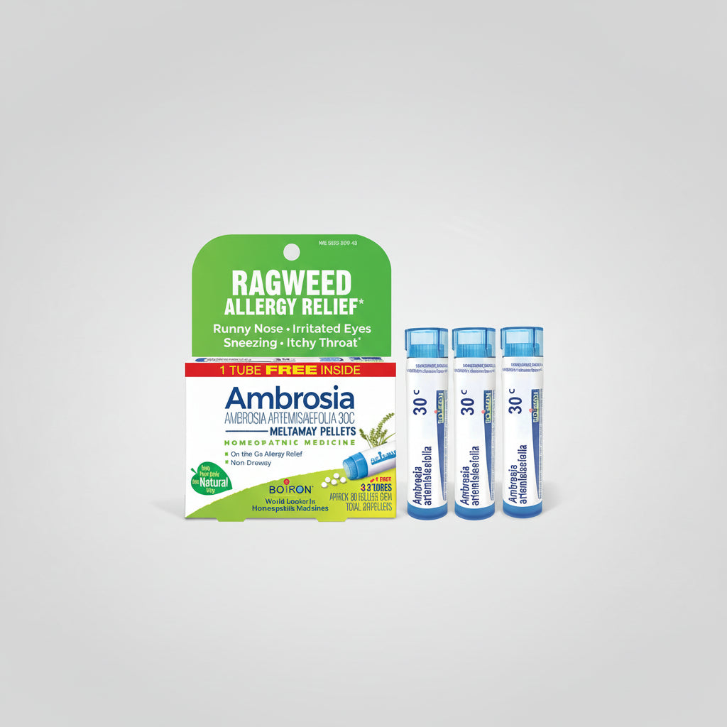 Ambrosia Ragweed Allergy Relief packaging with three bottles on a white background
