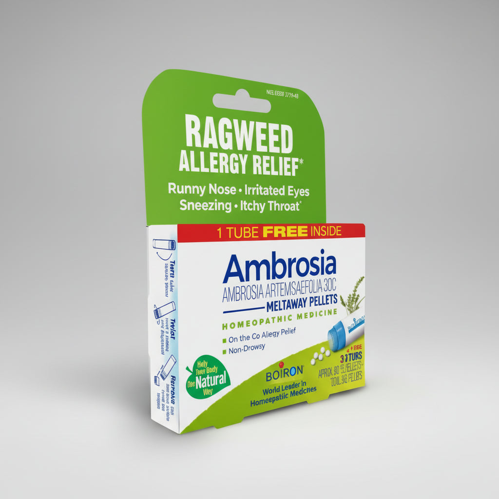 Ambrosia Ragweed Allergy Relief packaging on a white background