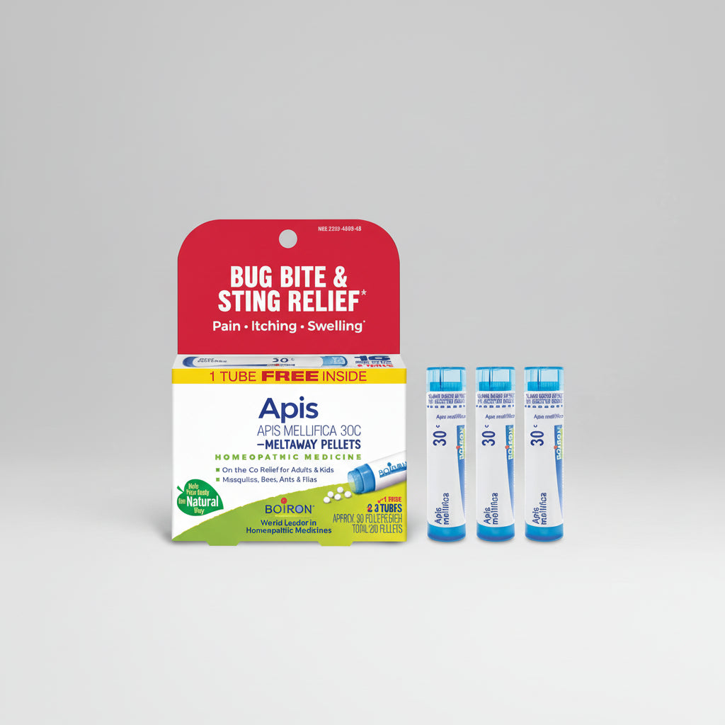 Apis Mellifica 30C Meltaway Pellets packaging with three blue tubes on a white background