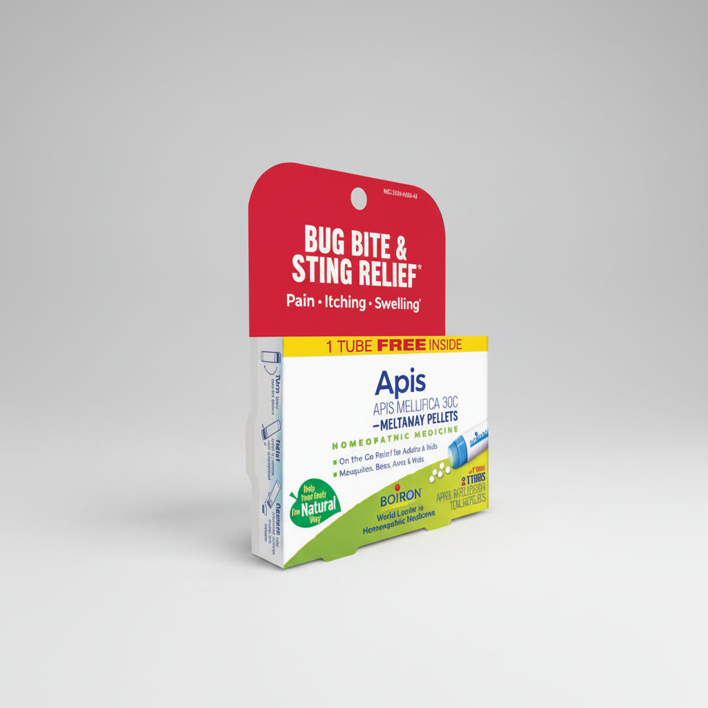 Packaging of Apis bug bite and sting relief product on a white background