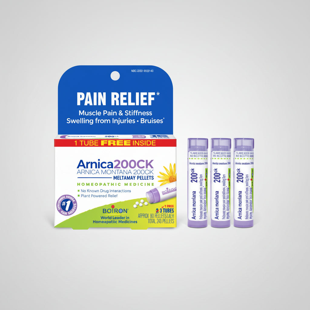 Arnica Montana 200CK homeopathic medicine packaging with pain relief label on a white background