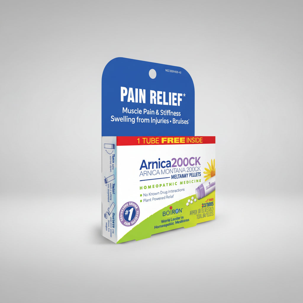 Packaging of Arnica 200CK pain relief product with Boiron branding.