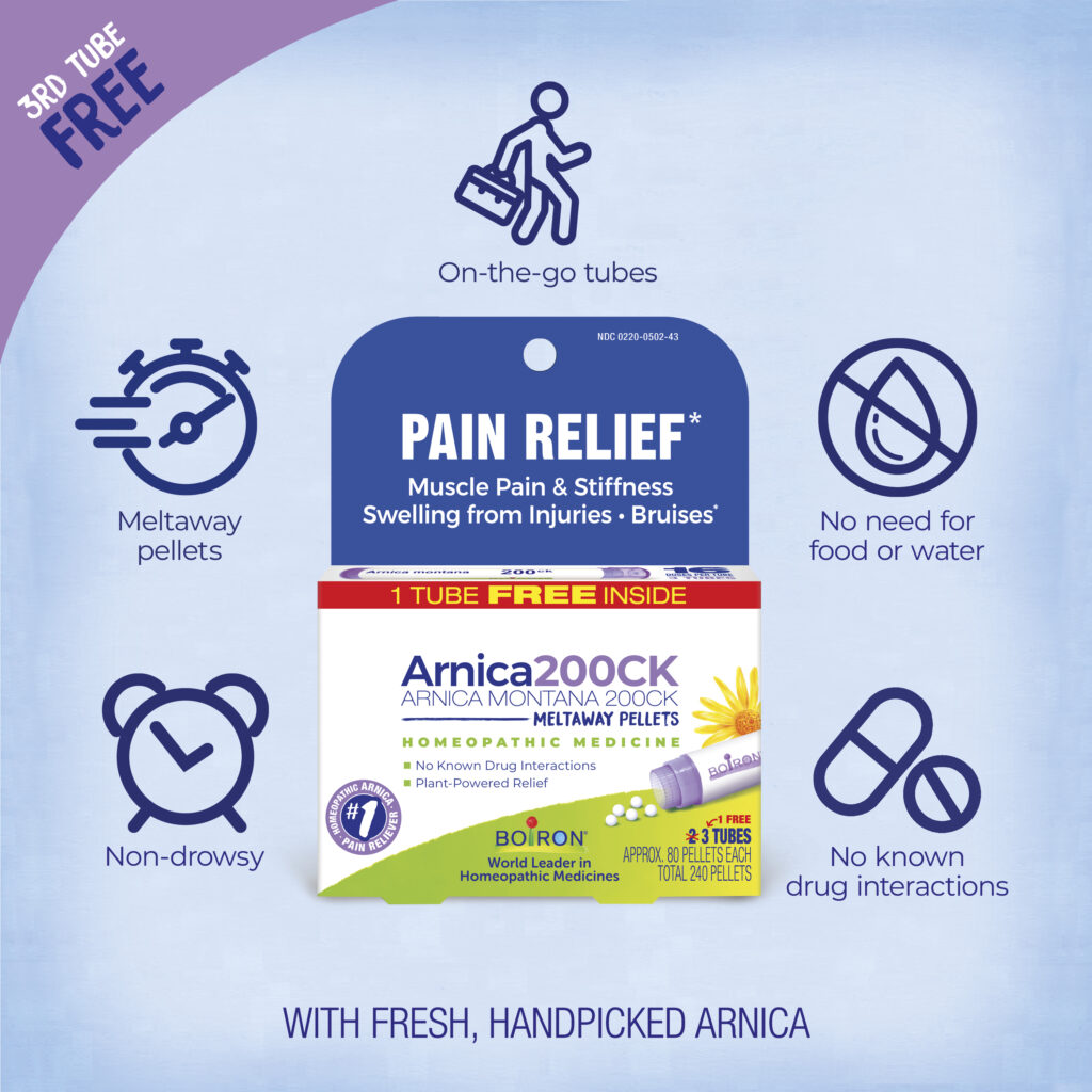 Pain relief product packaging with features listed on a light blue background