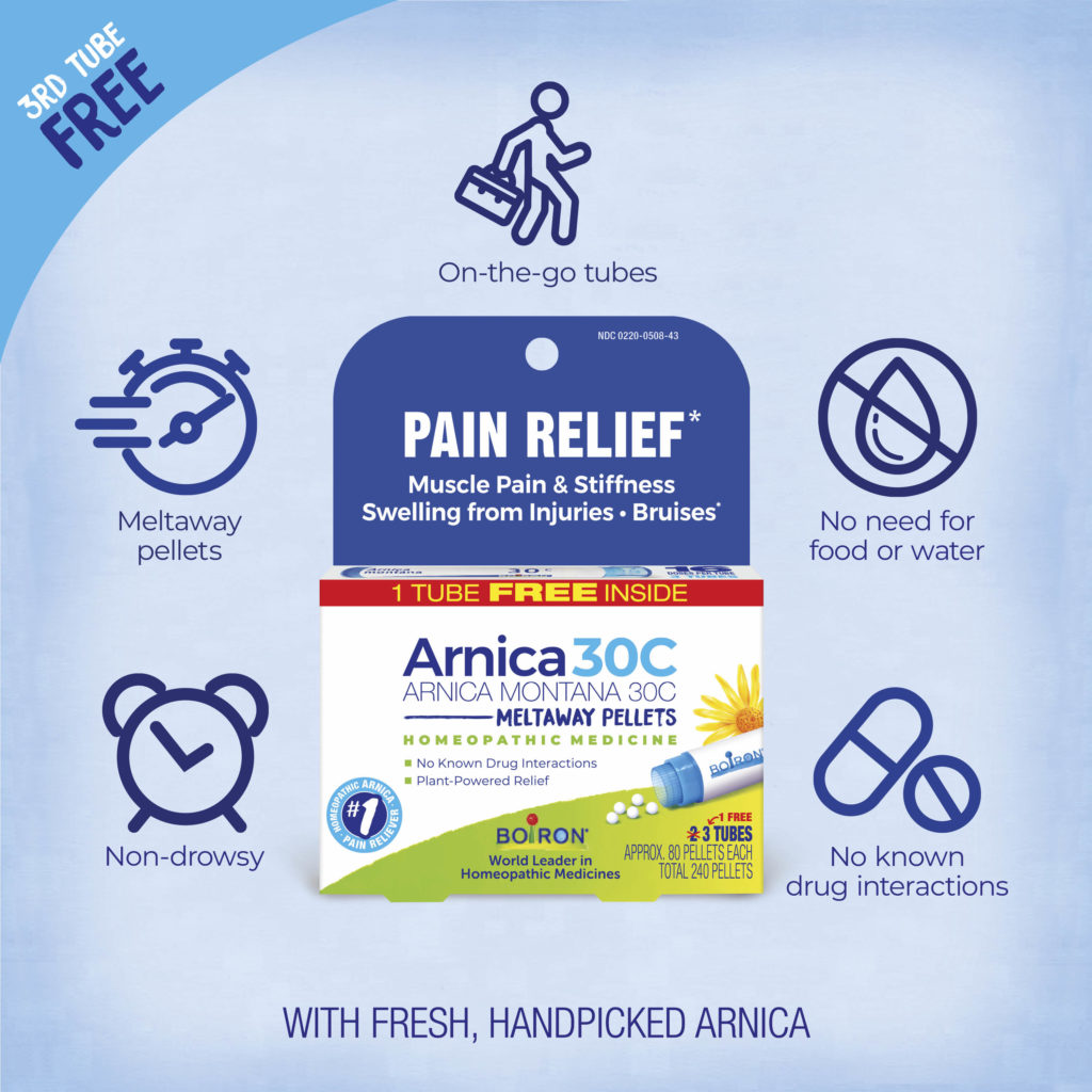 Pain relief product packaging with features on a blue background