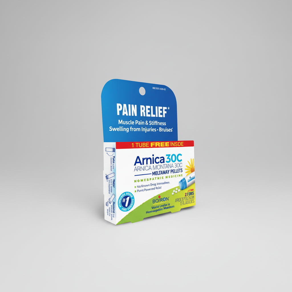 Box of Arnica 30C pain relief pellets with blue and white design on a white background
