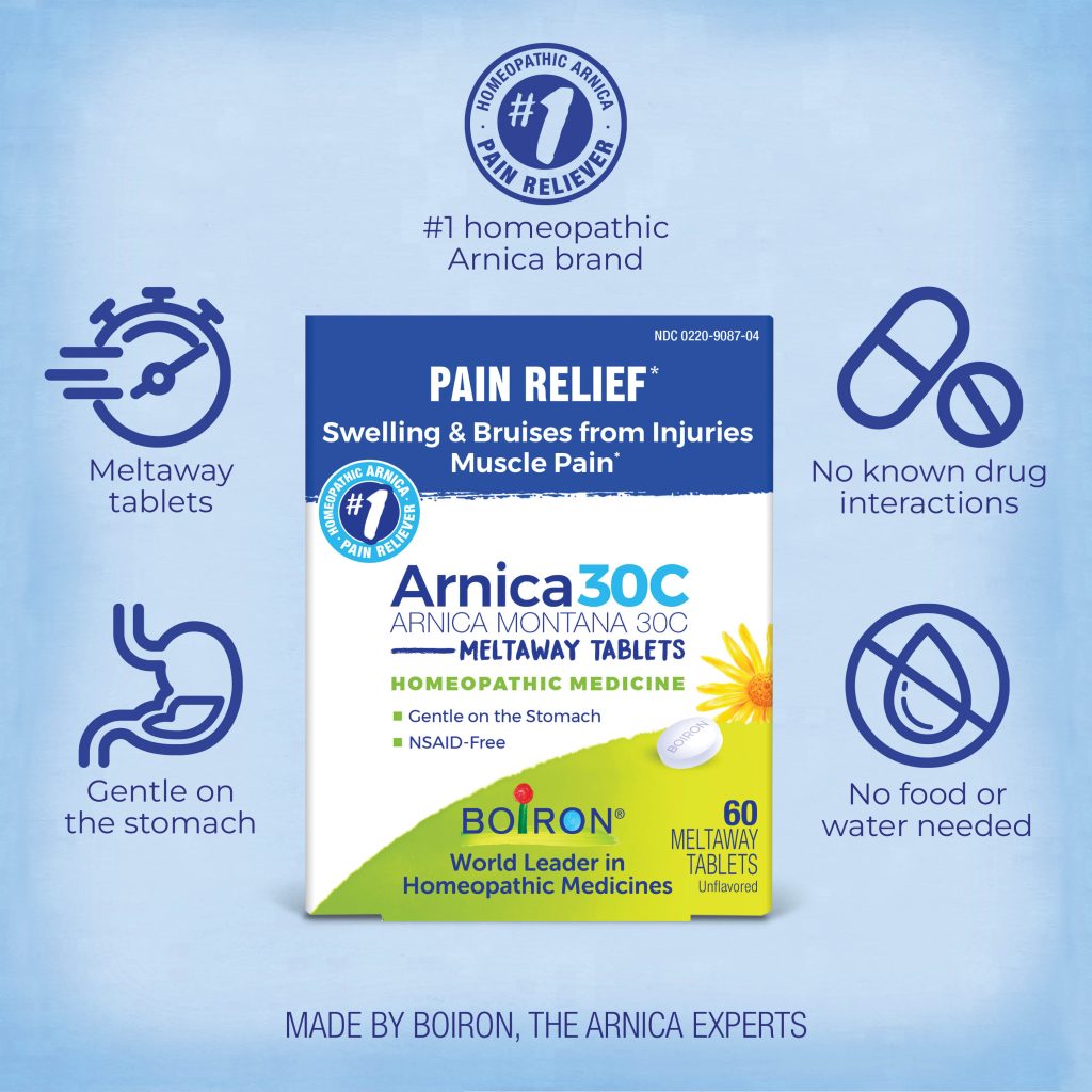 Box of Arnica 30C Pain Relief Tablets by Boiron on a blue background with product features.