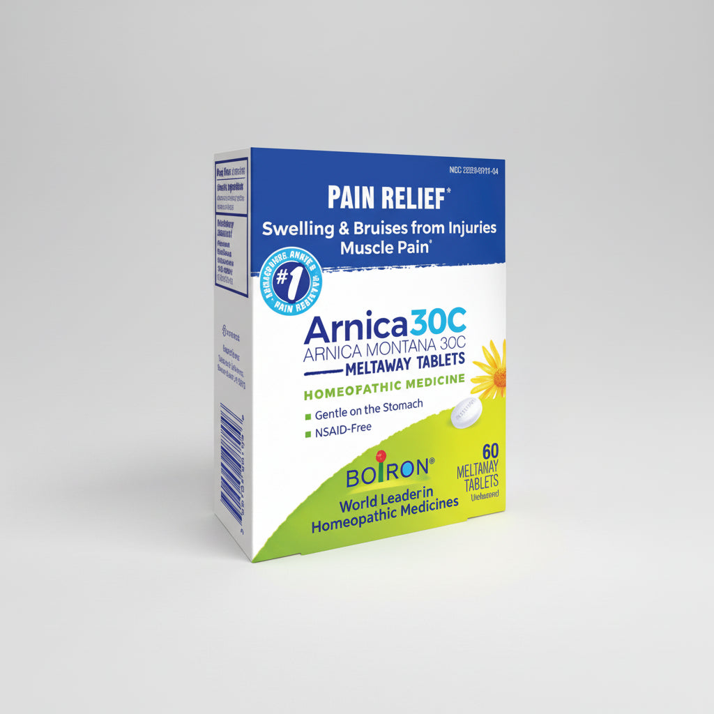 Boiron Arnica 30C homeopathic medicine box for pain relief on a white background