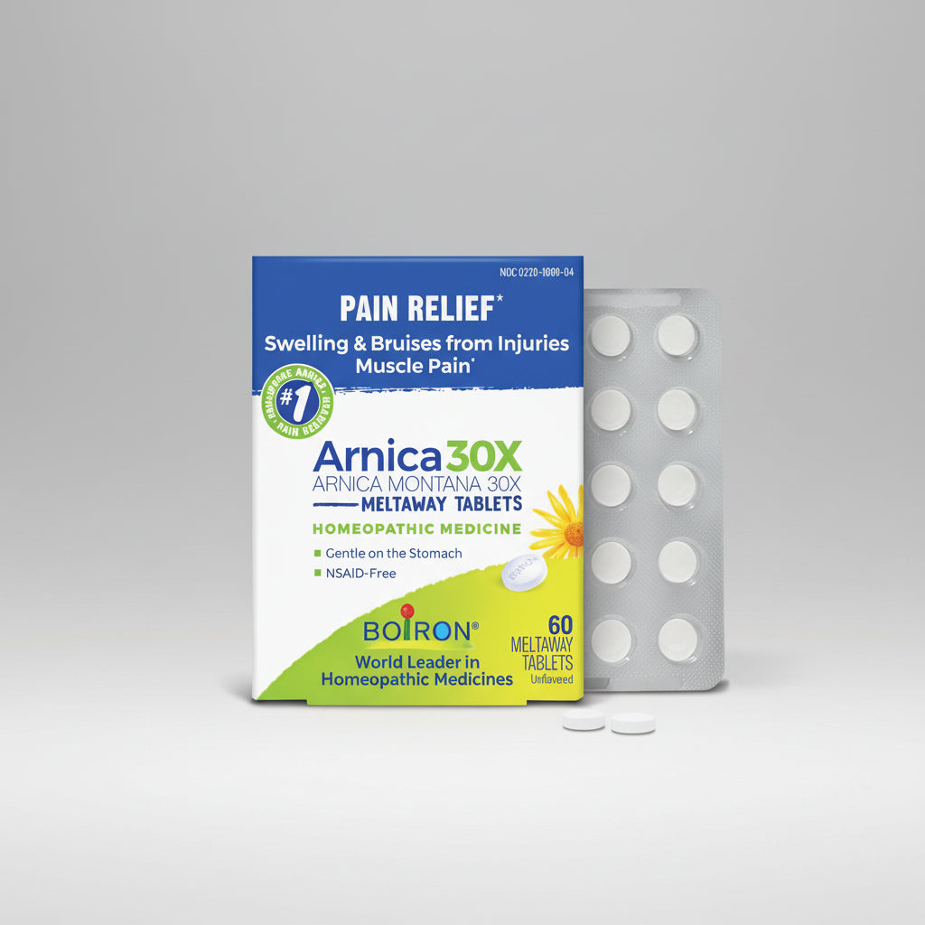 Boiron Arnica 30X homeopathic medicine packaging with tablets on a white background