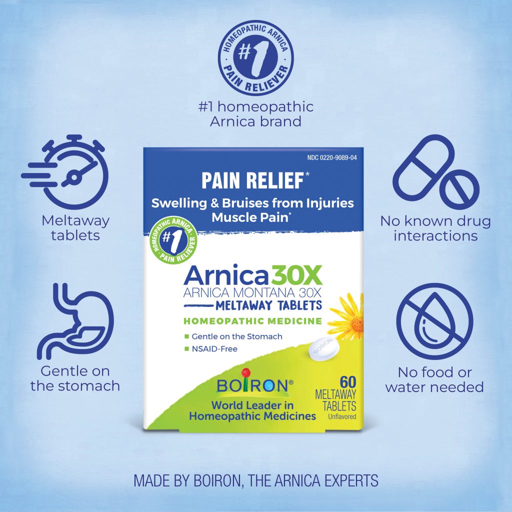 Boiron Arnica 30X Pain Relief packaging with features on a blue background