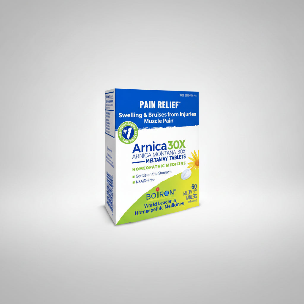 Box of Arnica 30X Meltaway Tablets for pain relief on a white background