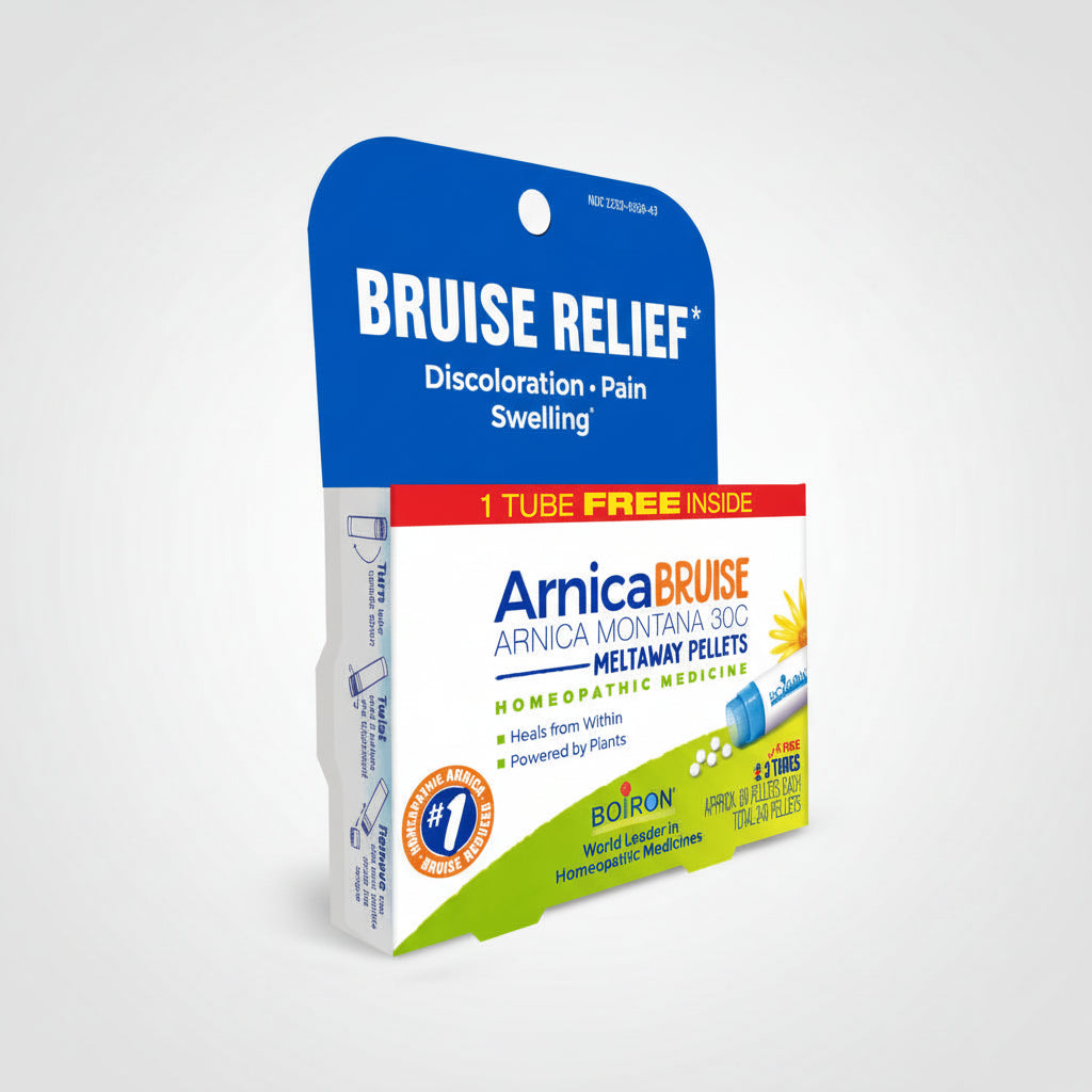 Packaging of Arnica Bruise Relief with blue, white, and green colors on a white background