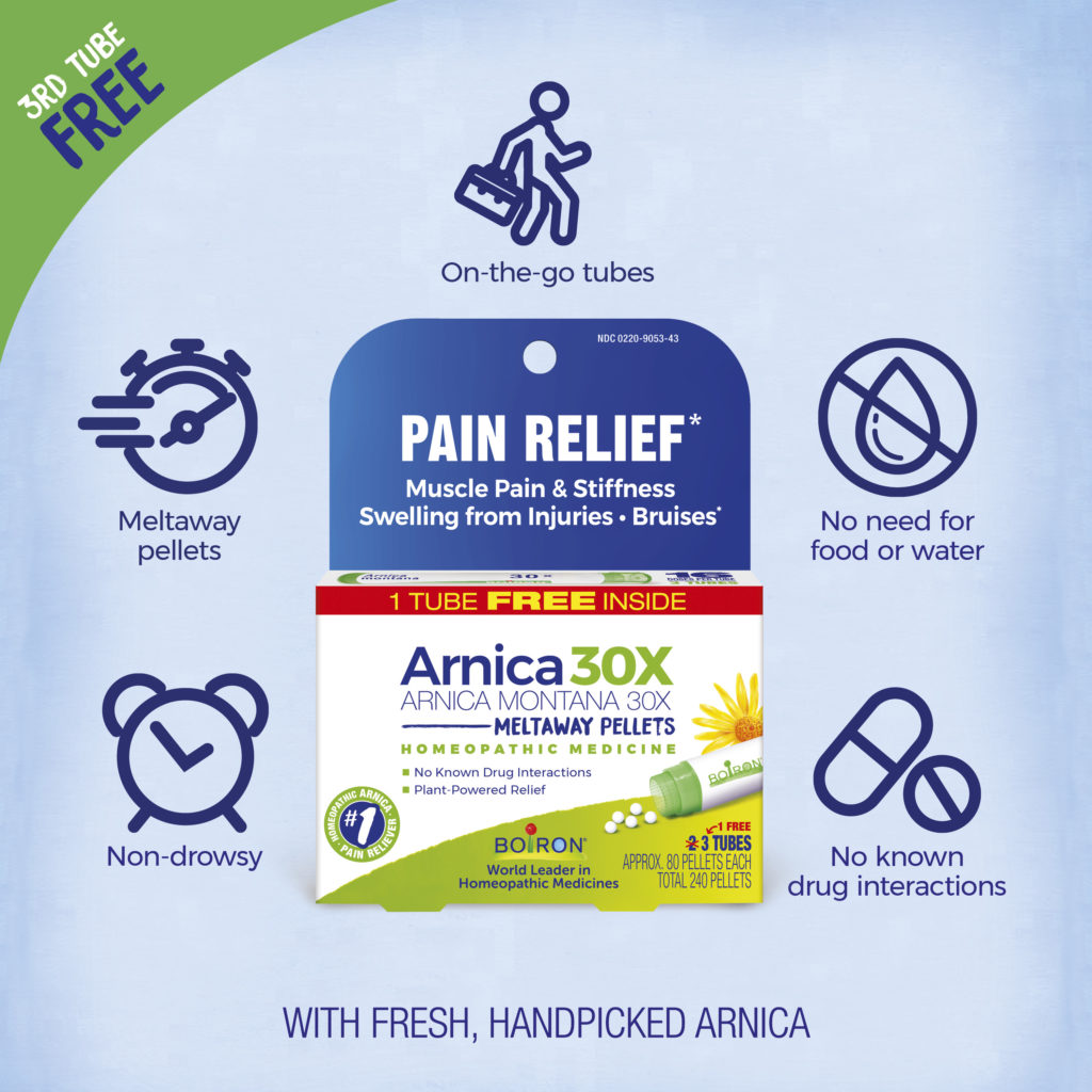 Boiron Arnica 30X Pain Relief packaging with features listed on a light blue background