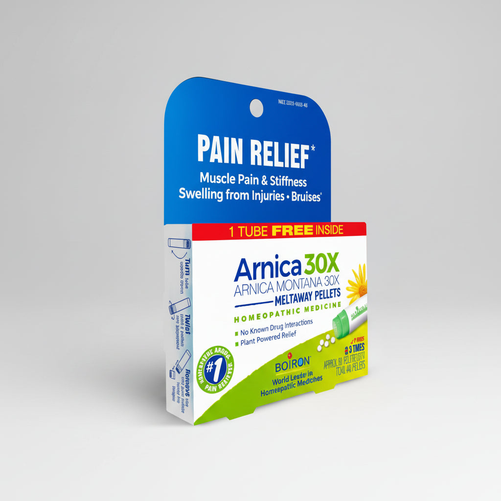 Arnica 30X pain relief packaging with Boiron logo on a white background