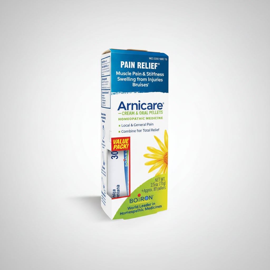 Box of Arnicare Pain Relief cream and oral pellets on a white background