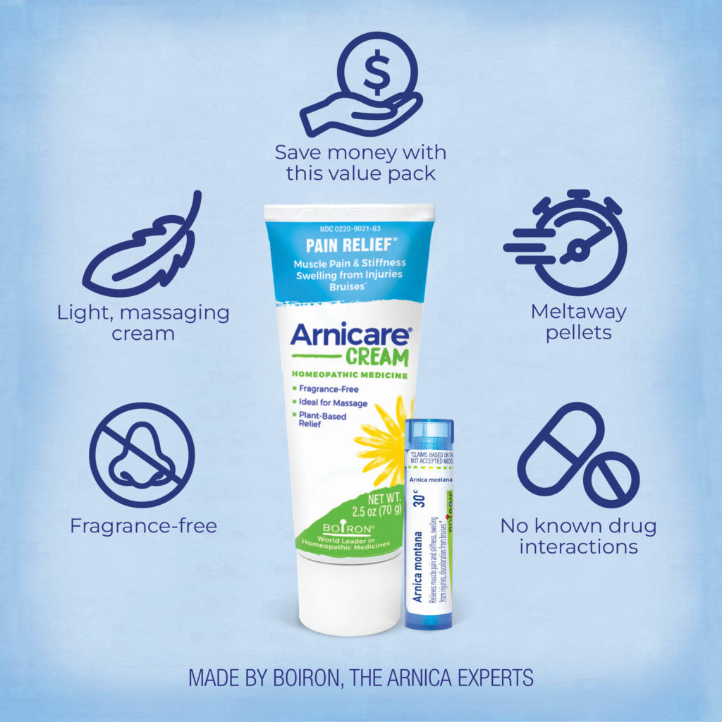  Arnica Cream packaging with features listed on a blue background