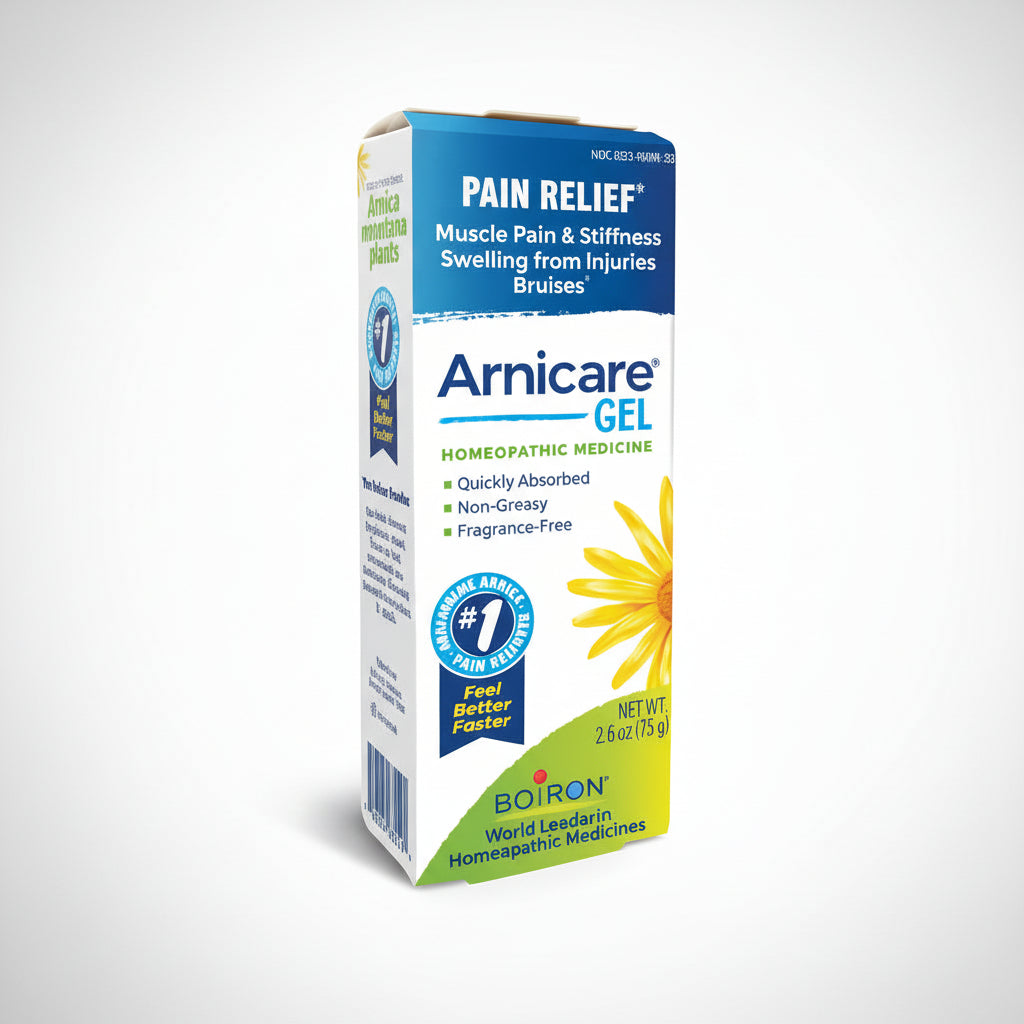 Box of Arnicare Gel for pain relief on a white background