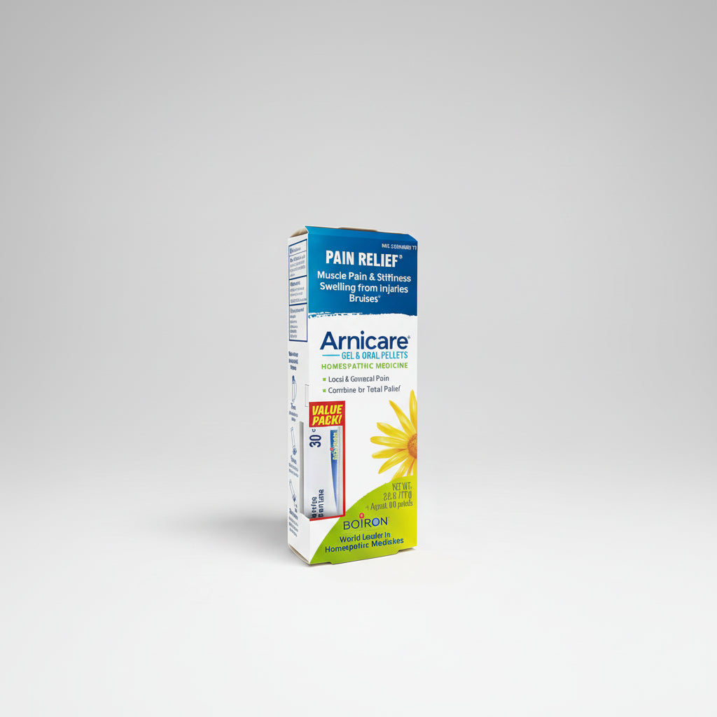 Box of Arnicare Pain Relief Gel & Oral Pellets on a white background