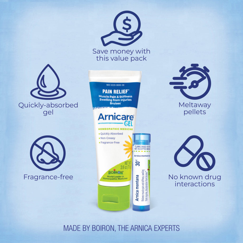  Arnica relief gel packaging with features on a blue background