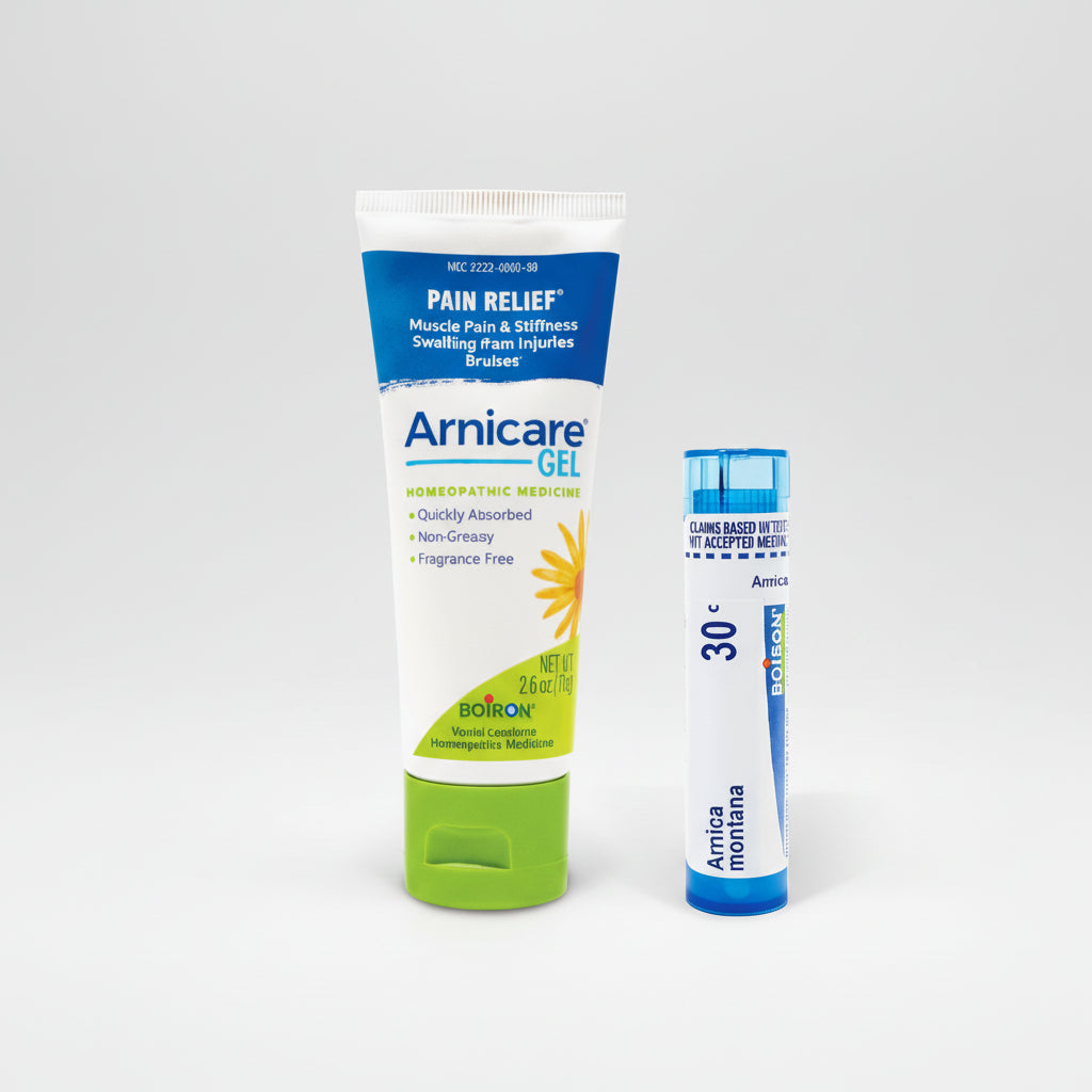 Arnicare Gel tube and Arnica Montana stick on a white background