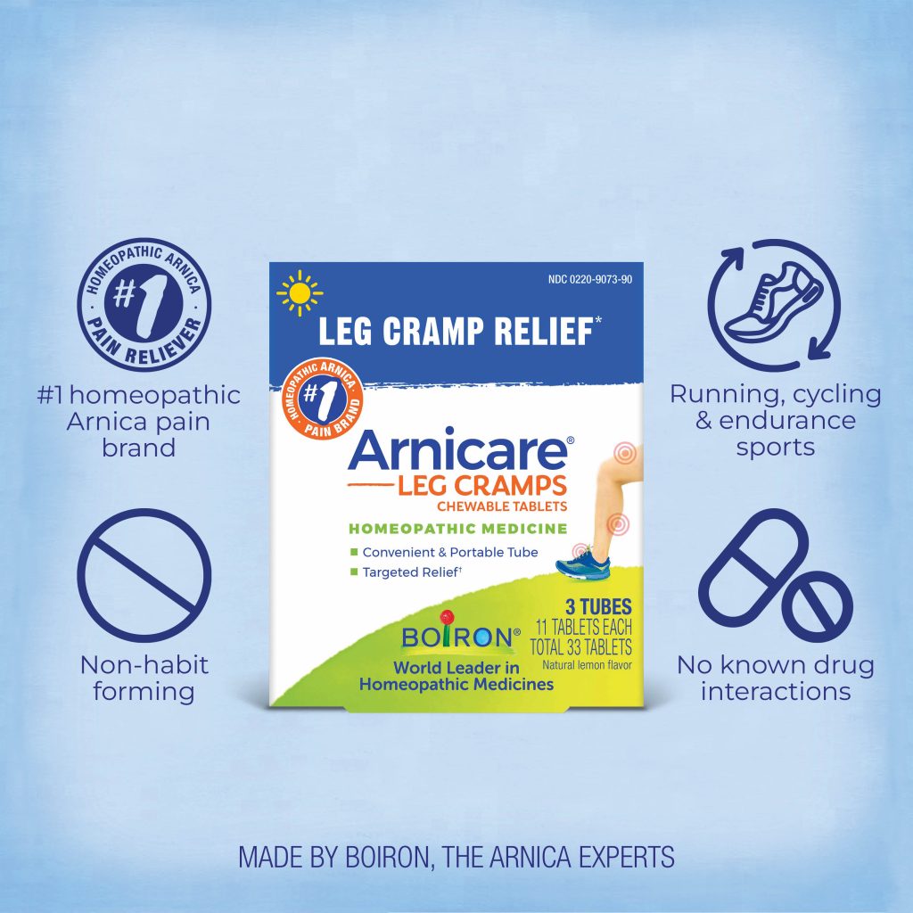 Arnicare Leg Cramp Relief packaging with Boiron branding on a blue background