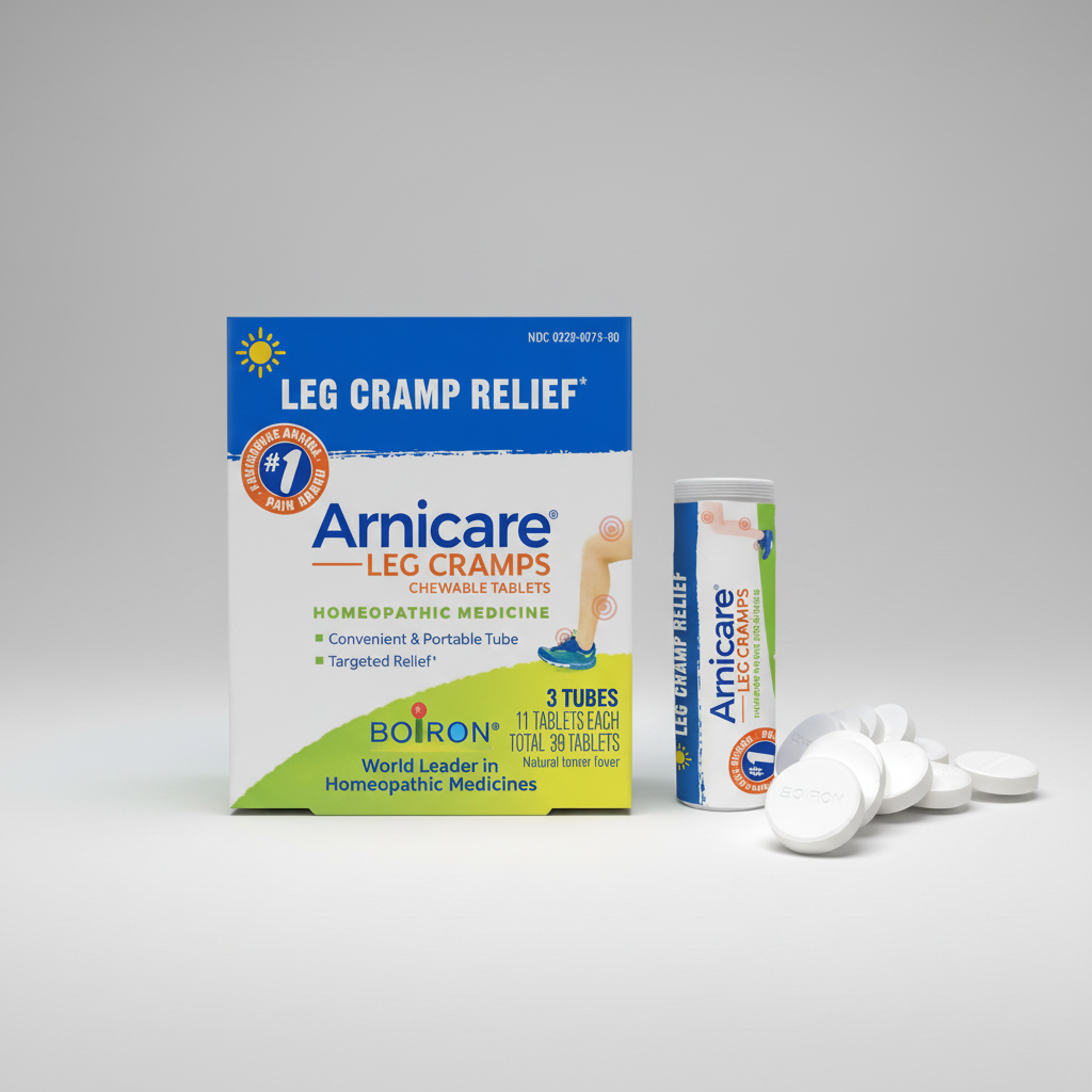Arnicare Leg Cramp Relief packaging with tablets on a white background
