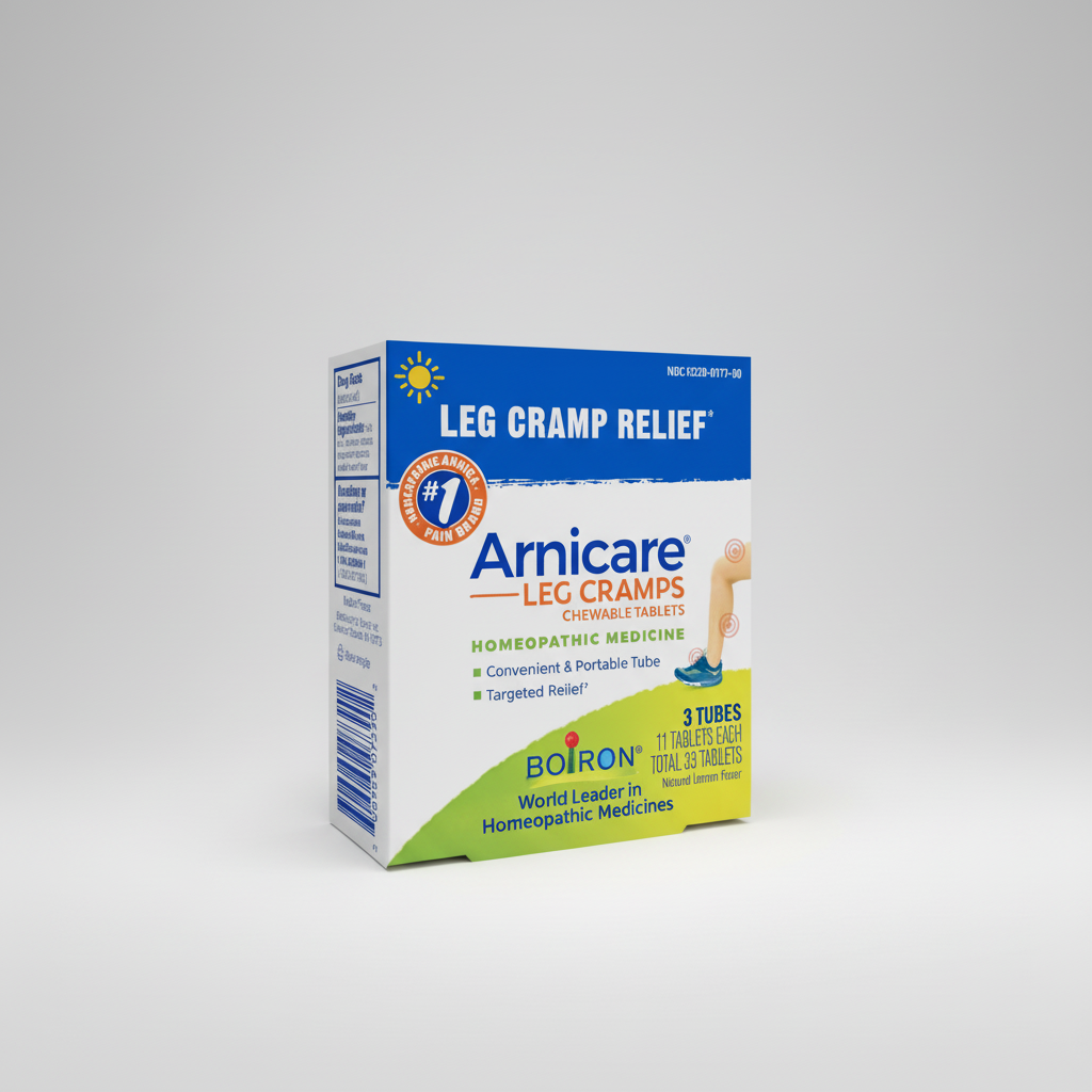 Box of Arnicare Leg Cramp Relief chewable tablets on a white background