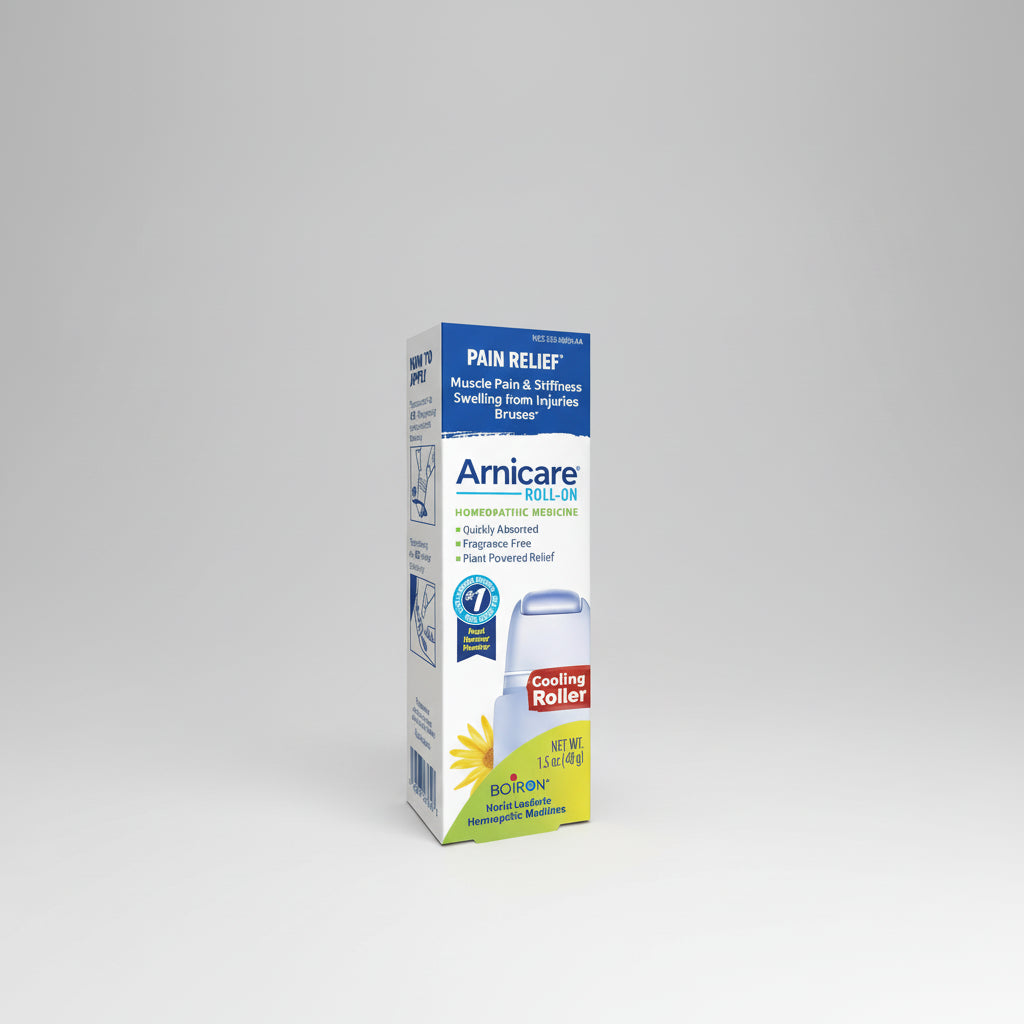Box of Arnicare Roll-On pain relief product on a white background