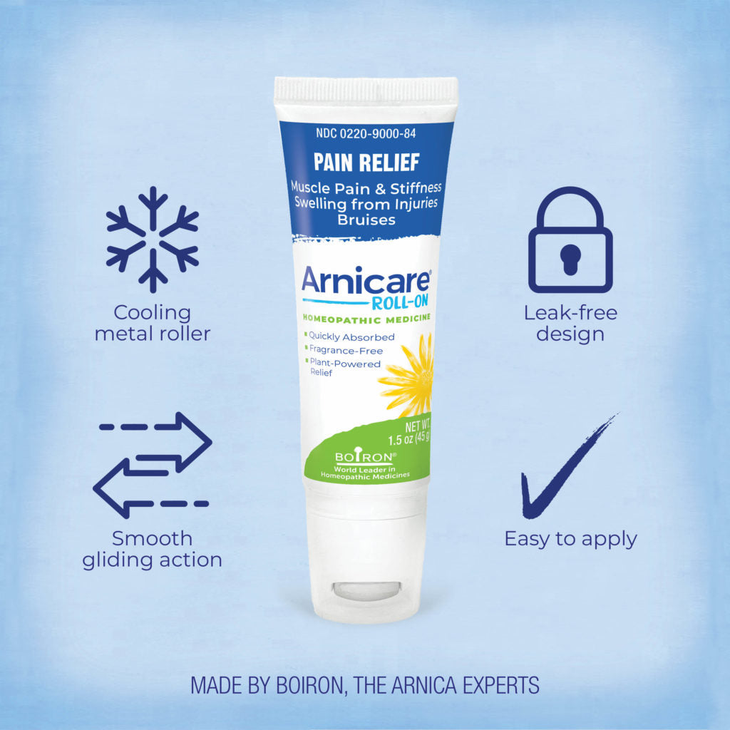  Arnicare Roll-On pain relief product with features on a blue background