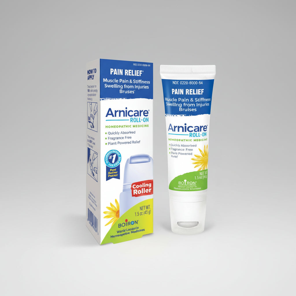 Arnicare Pain Relief Roll-On packaging and tube on a white background