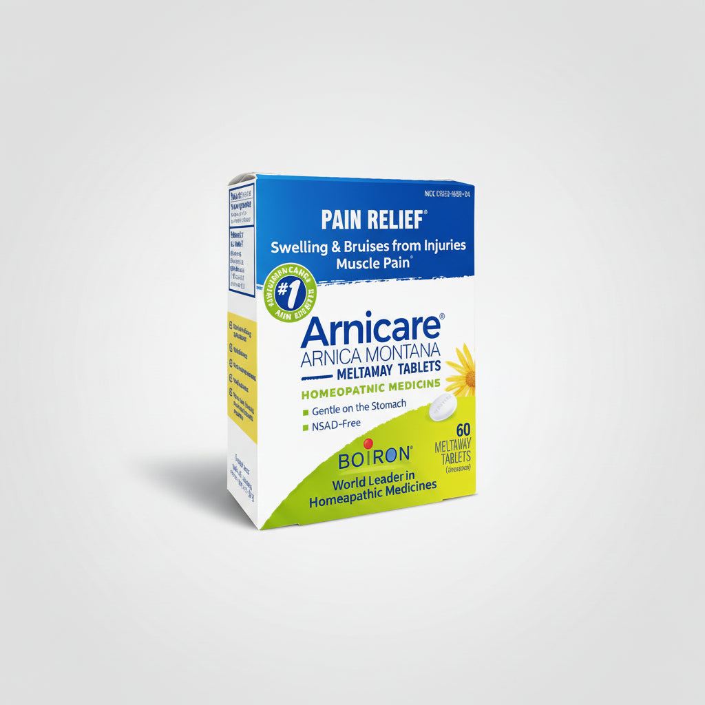 Box of Arnicare Arnica Montana Meltaway Tablets for pain relief on a white background